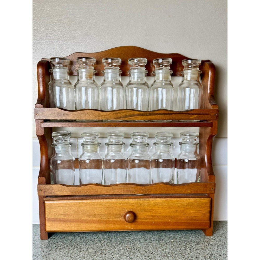 Vintage Wooden Spice Rack 12 Glass Jars Made in Japan Apothecary Drawer 11.5in